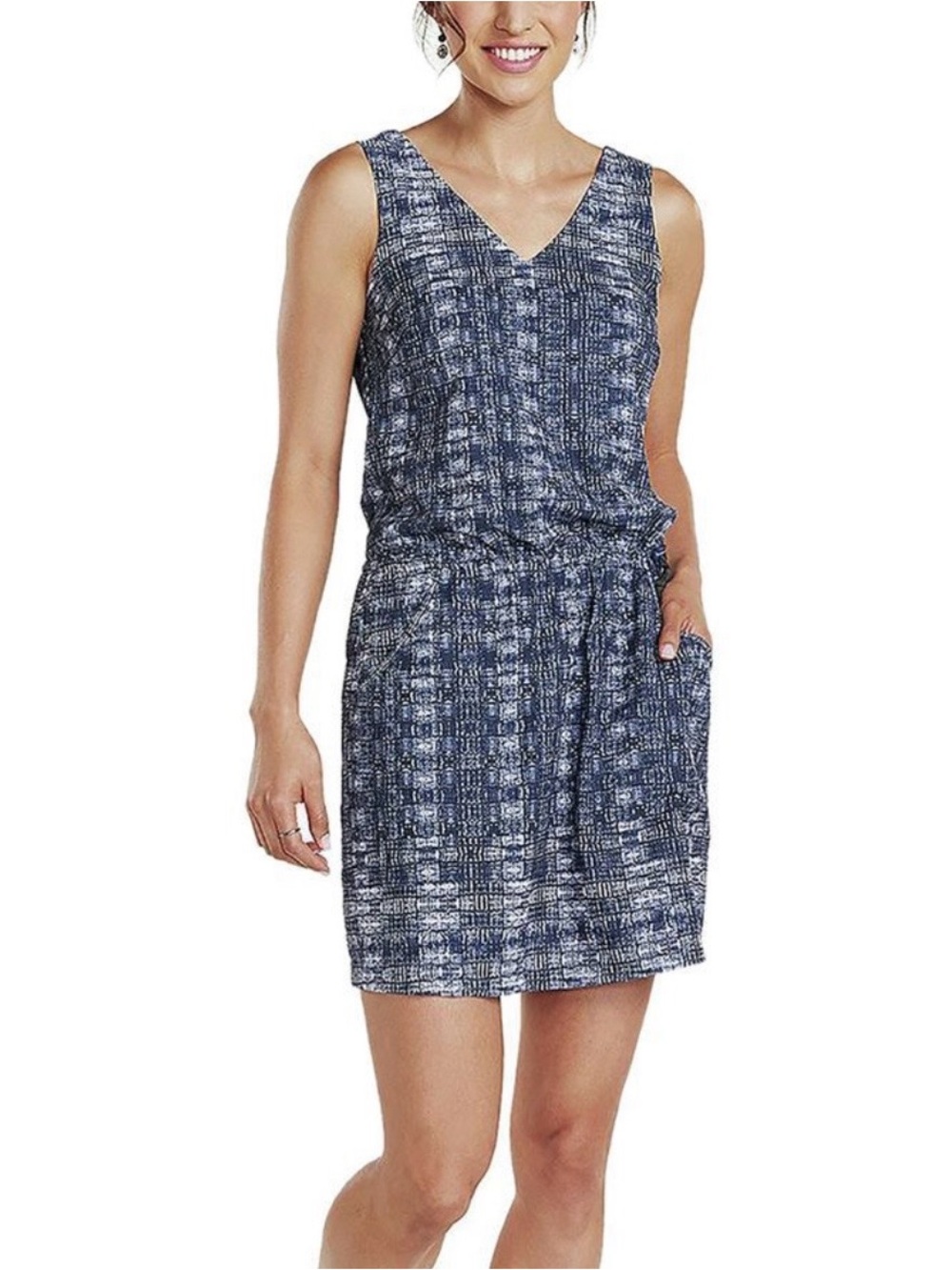 Toad&Co Liv Dress Large Navy Print Sleeveless Shift Pockets Travel Lightweight